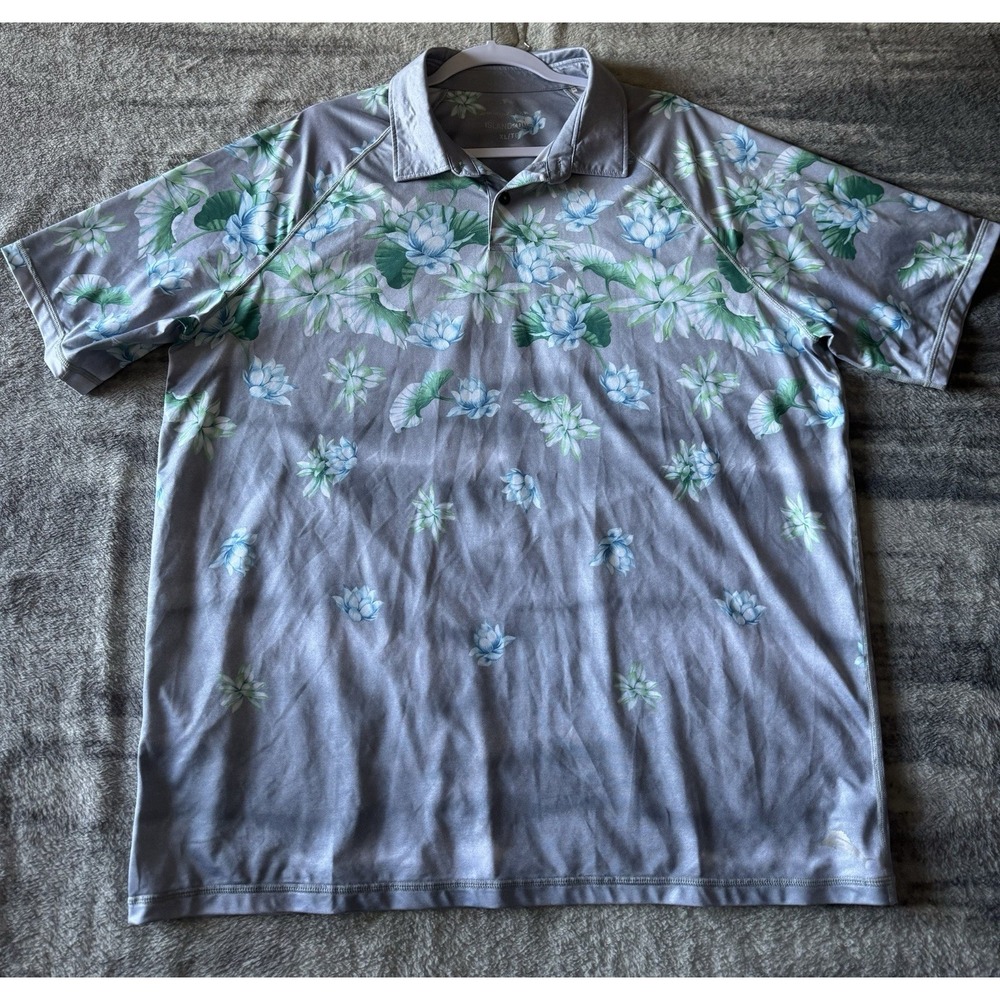 Tommy Bahama IslandZone Mens XL Polo Shirt Grey Blue Floral Tropical Performance